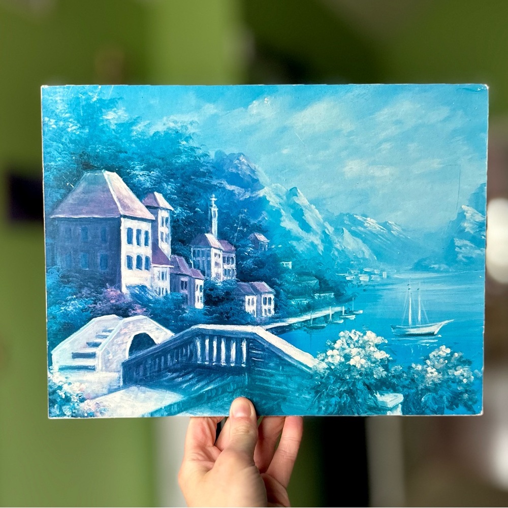 VTG European Landscape Still Life Mountain Home On Water Dainty Wall Art